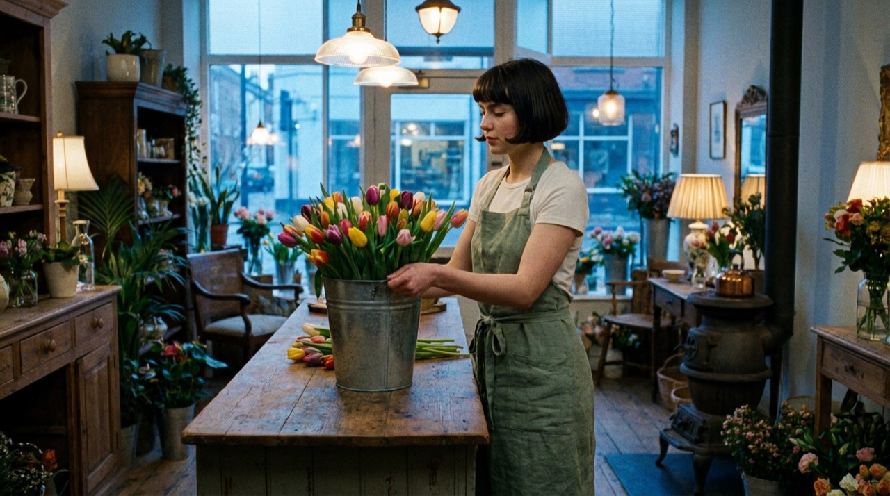 A florist arranging tulips by the window