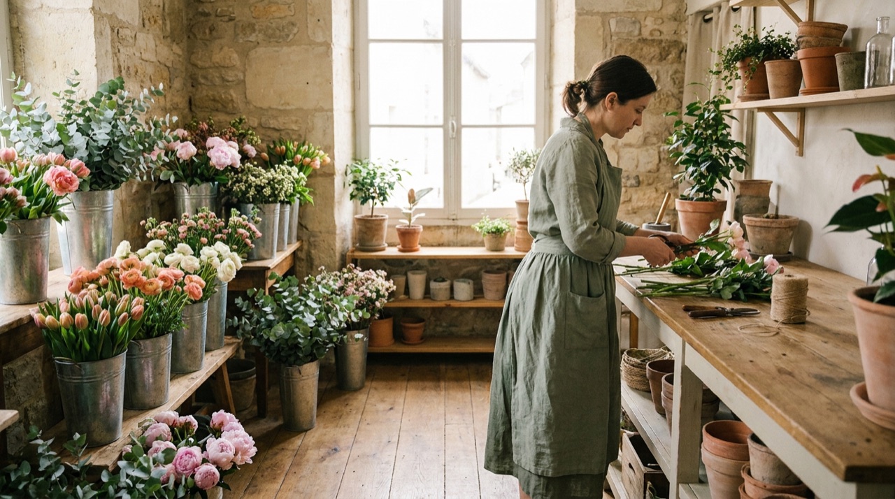 A small flower shop in the morning light
