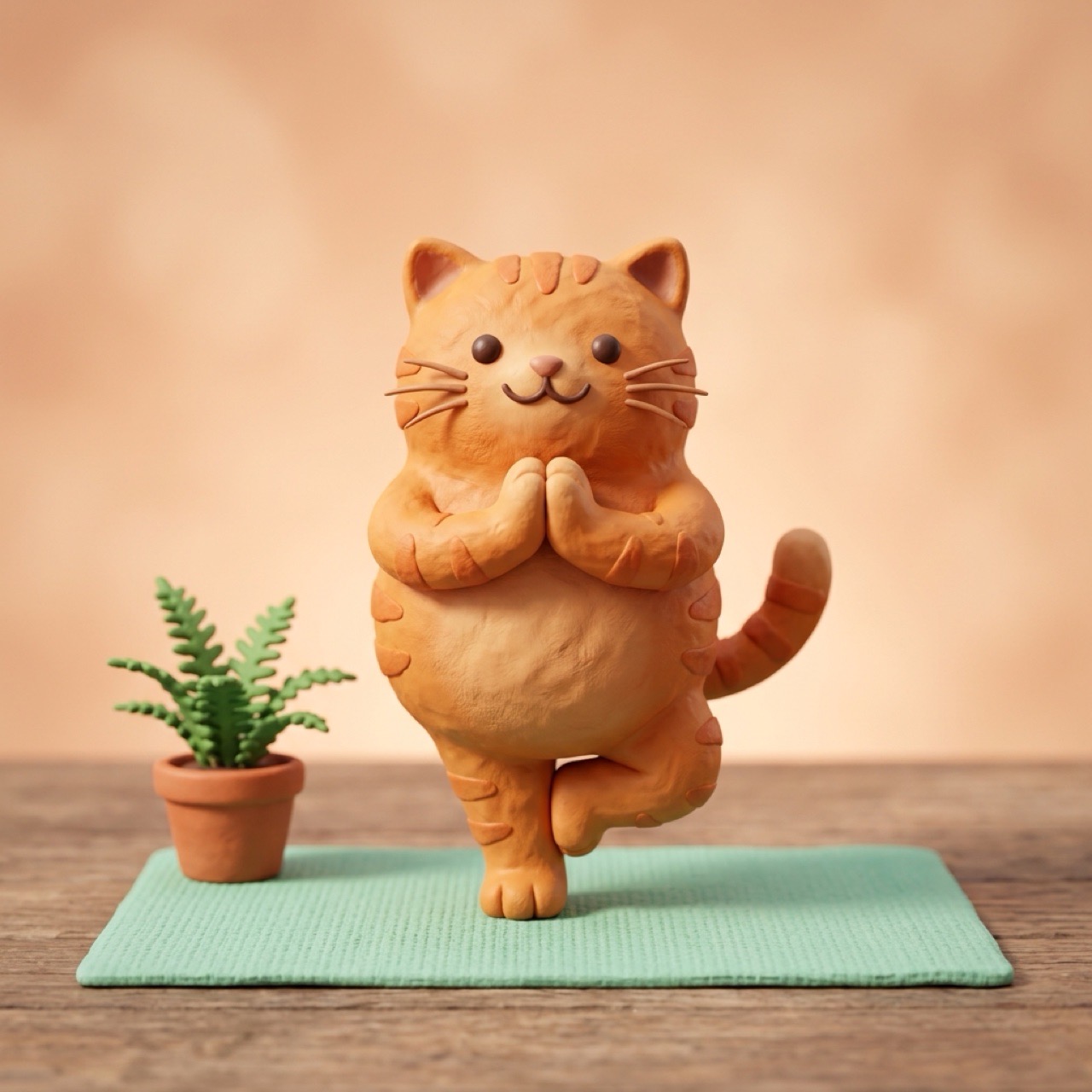 A clay-style cat character doing yoga