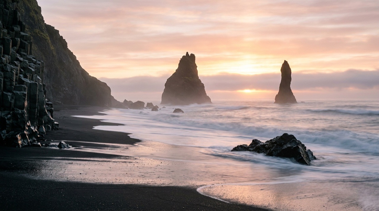 A black sand beach with sea stacks at dawn