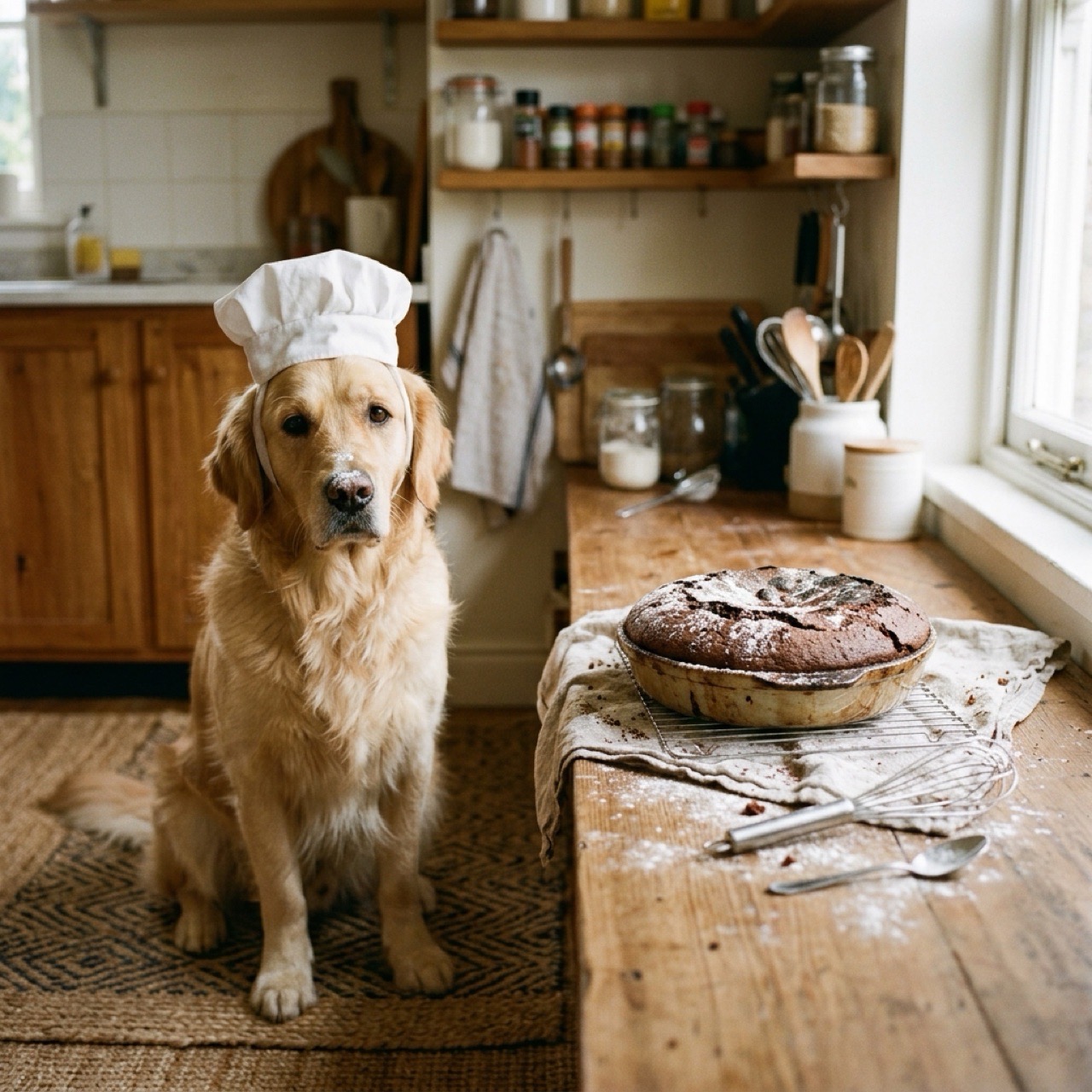 A dog in a chef's hat, painted for a meme