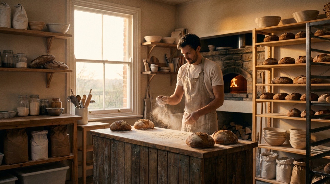 A bakery's website: fresh loaves on a wooden counter under a warm headline area