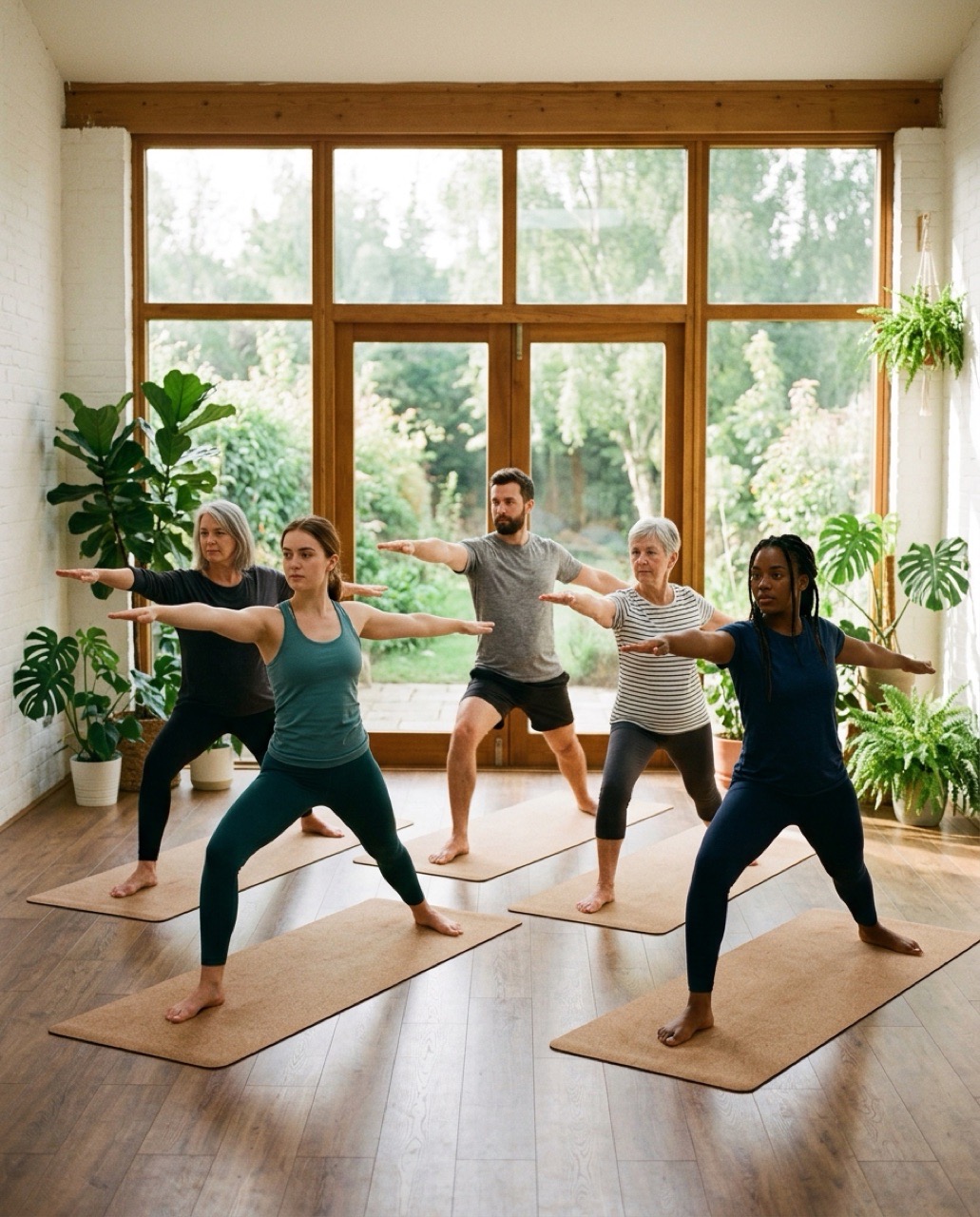 A small group holding a warrior pose in a bright yoga studio, photographed for a social post