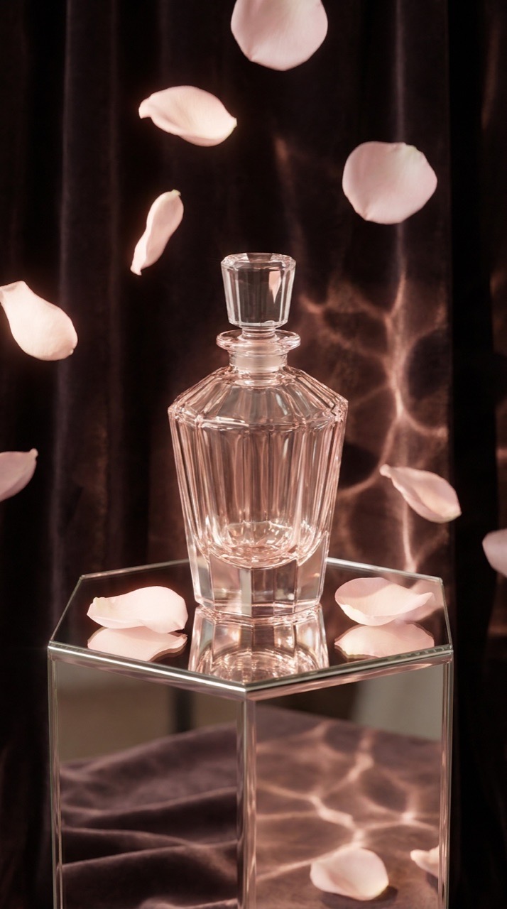 A perfume bottle turning in soft light